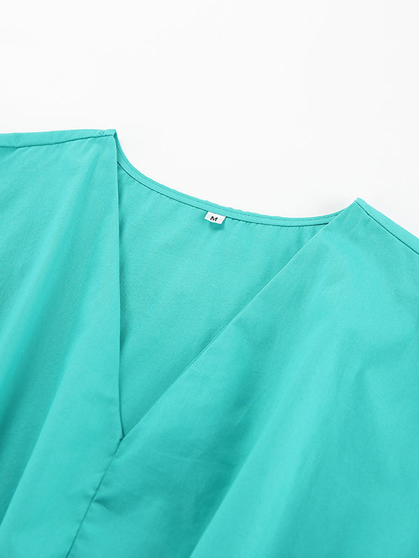 Loose Short Sleeves Drawstring Pleated Solid Color Split-Joint Tied Waist V-Neck Midi Dresses Shirt Dress