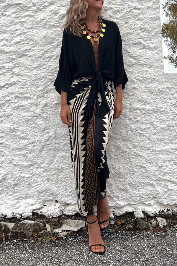 Astra Ethnic Print High Waist Ruched Wrap Maxi Skirt
