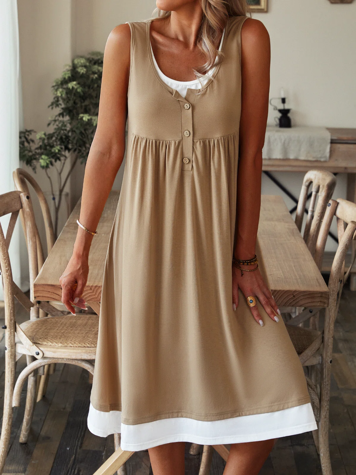 Khaki Sleeveless Button Front Smocked Twofer Mini Dress
