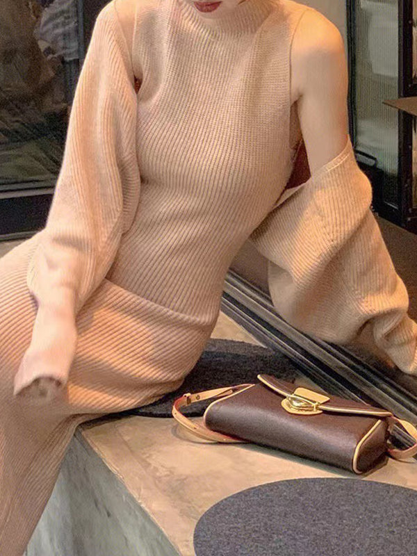 Long Sleeves Solid Color Mock Neck Cardigan Top + High Waisted Sweater Dress Two Pieces Set