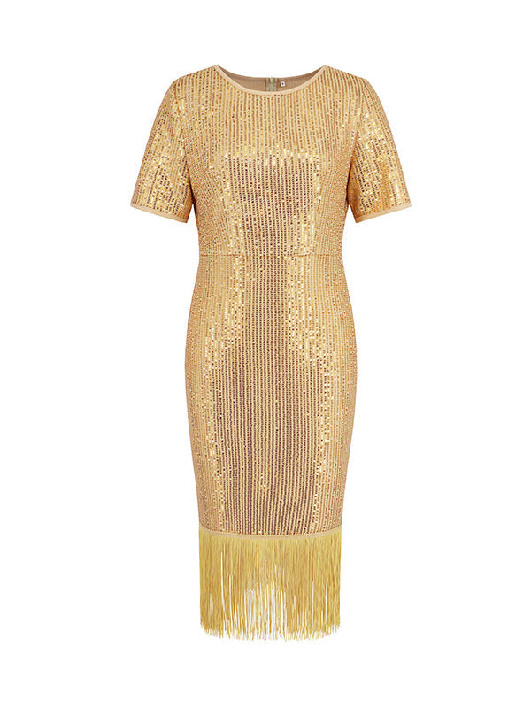 Bodycon Short Sleeves Sequined Shiny Solid Color Split-Joint Tasseled Round-Neck Midi Dresses