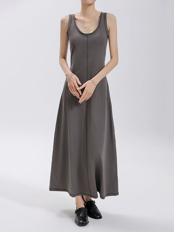 Loose Sleeveless Solid Color Split-Joint Round-Neck Maxi Dresses