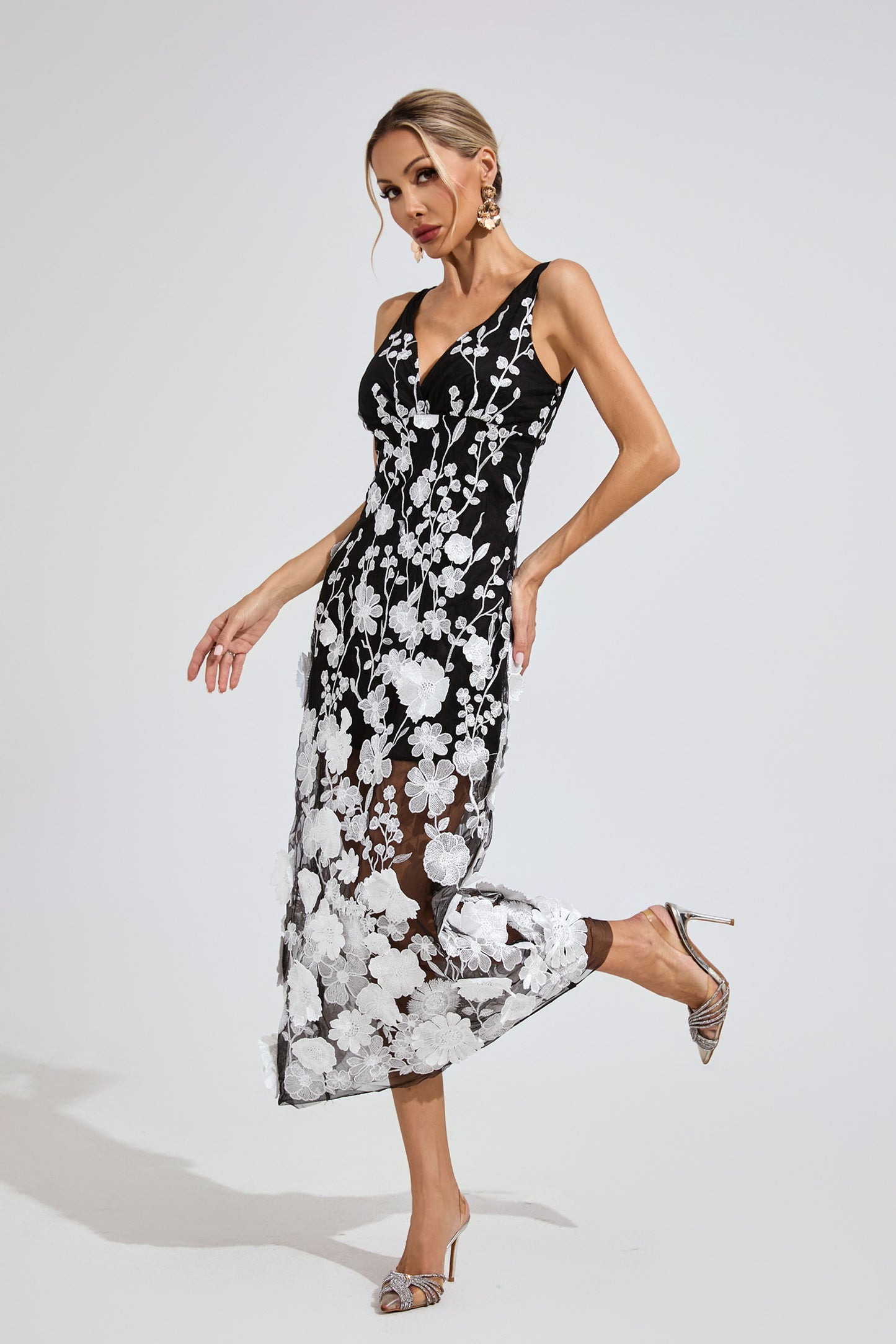 Keller Ture Black Mesh Print Floral Dress