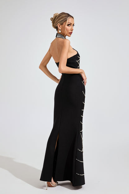 Iris Black Pearl Halter Bandage Maxi Dress