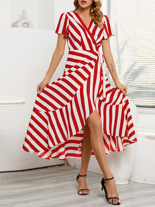 High-Low Loose Split-Joint Striped Tied V-Neck Maxi Dresses