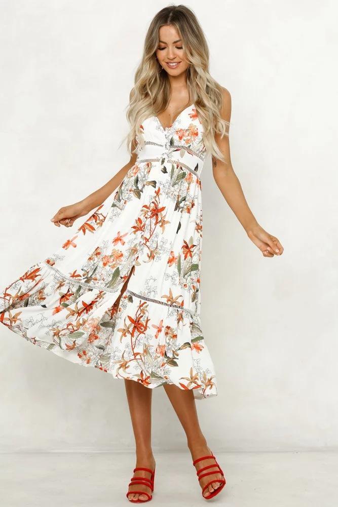 Casual V-neck Striped Button White Dress