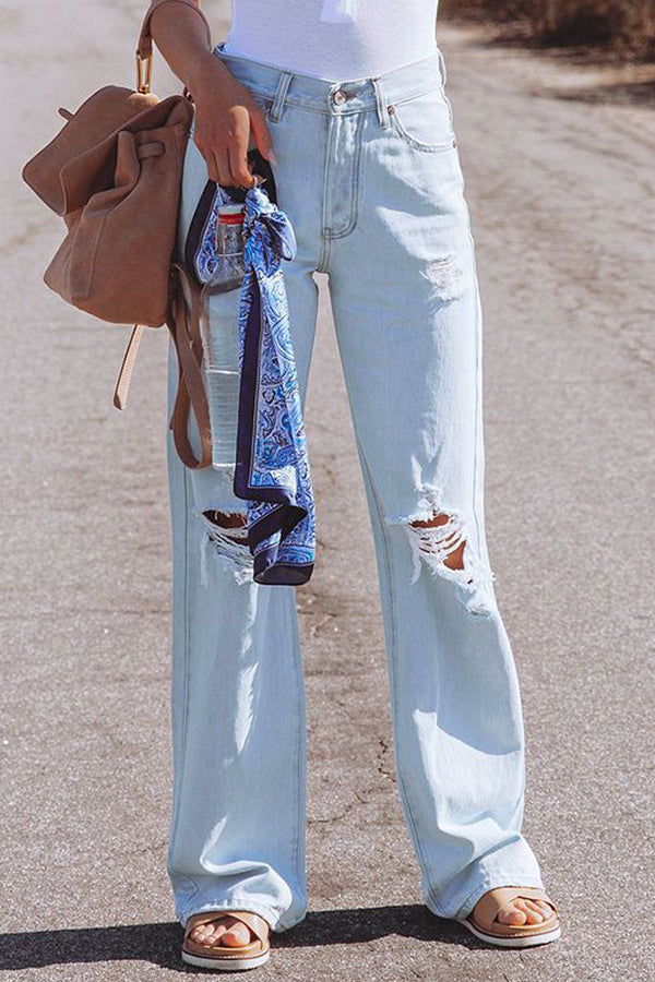 High Waist Denim Pants with Holes Washed