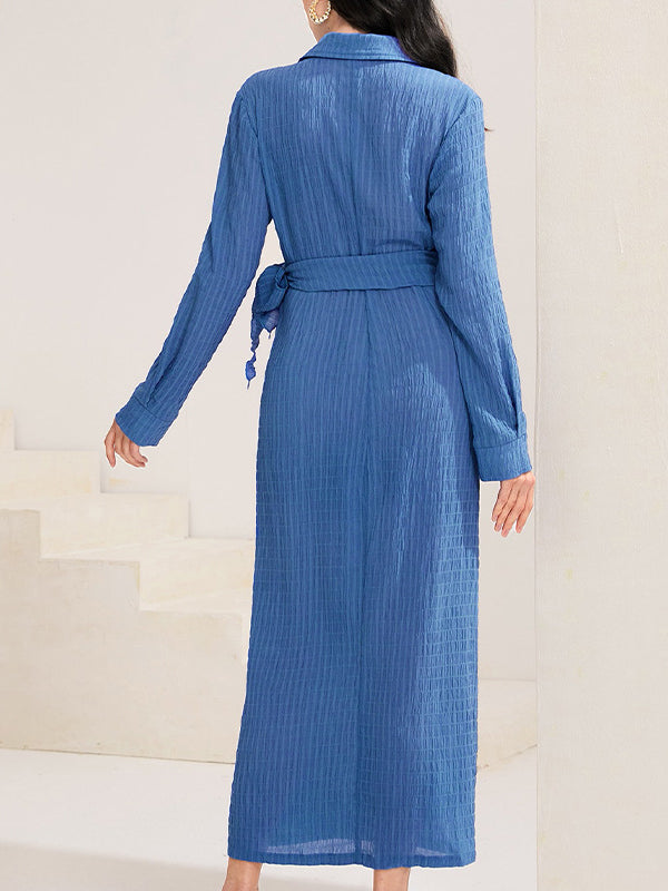 Long Sleeves Loose Asymmetric Solid Color Tied Lapel Maxi Dresses