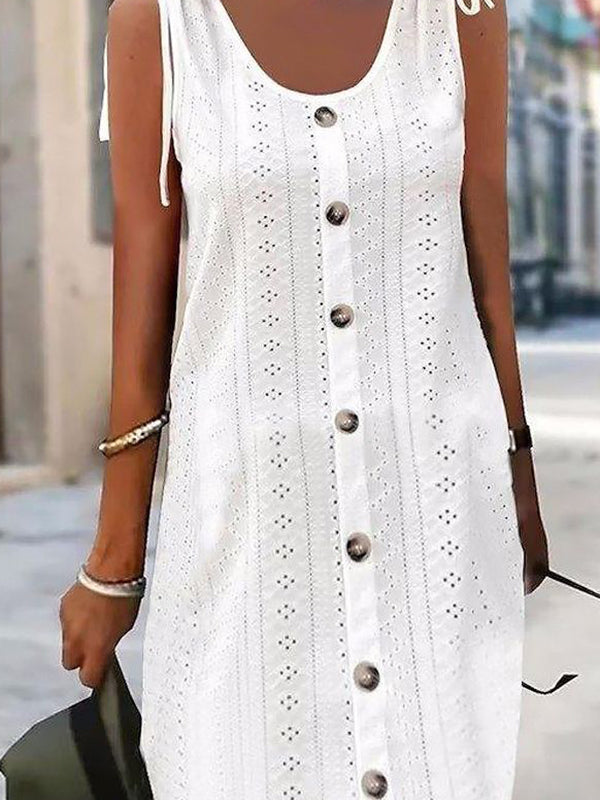 Loose Sleeveless Buttoned Hollow Tied Round-Neck Mini Dresses