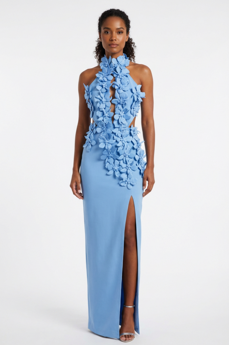 Bandage Halter Neck 3D Flower Maxi Dress