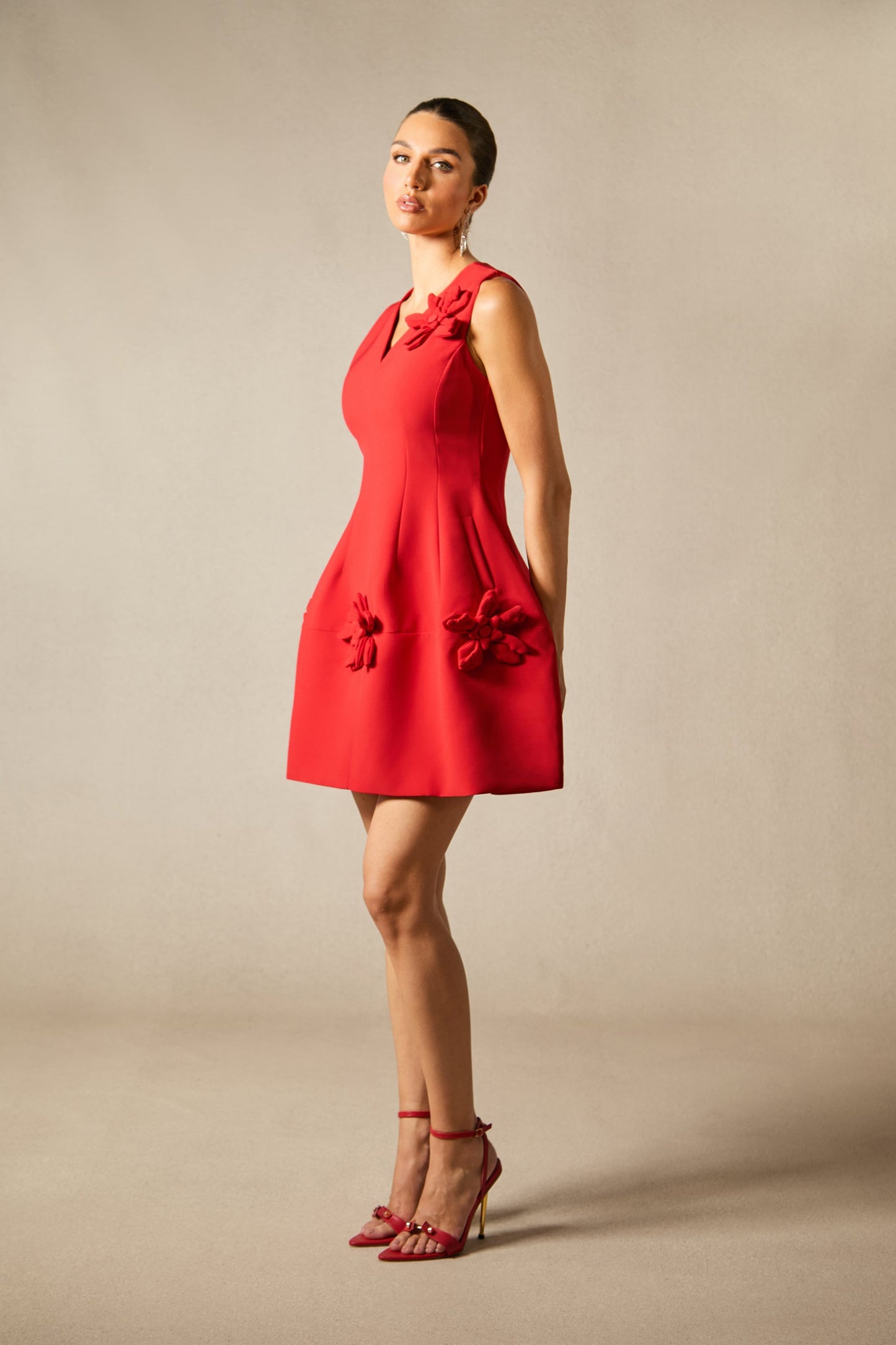 Bertina Floral Applique V-Neck Mini Dress