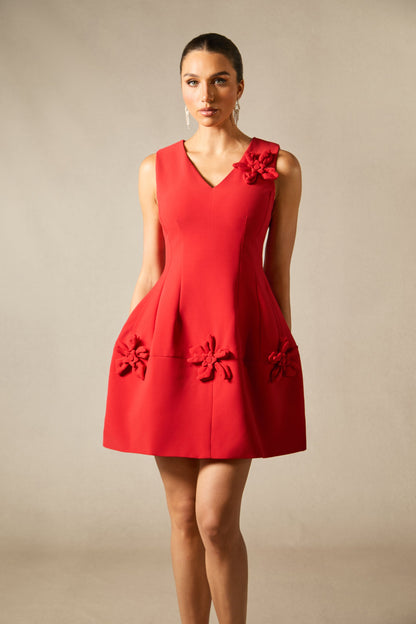 Bertina Floral Applique V-Neck Mini Dress