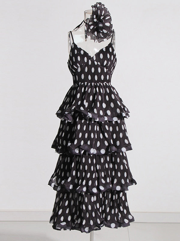 High Waisted Sleeveless Layered Pleated Polka-Dot Ruffle Trim Split-Joint Three-Dimensional Flower Zipper Spaghetti-Neck Midi Dresses
