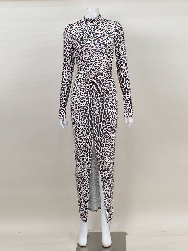 Bodycon Long Sleeves Leopard Pleated Printed Split-Front High Neck Maxi Dresses