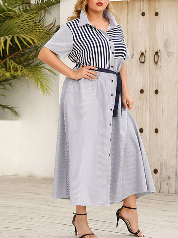Loose Plus Size Buttoned Split-Joint Striped Tied Waist Lapel Maxi Dresses Shirt Dress