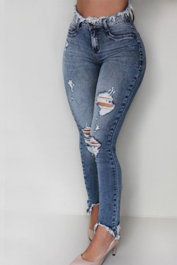 Distressed Cutout Fringe Hem Casual Jeans