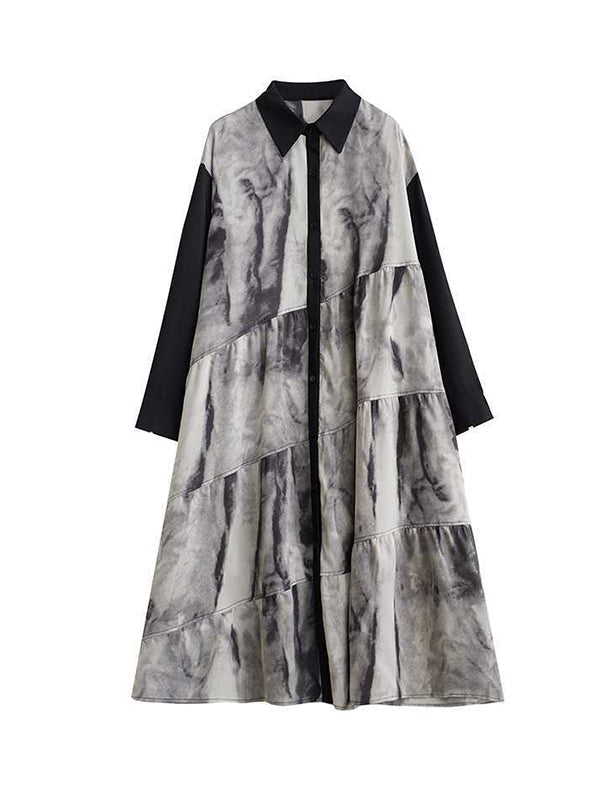 A-Line Long Sleeves Buttoned Printed Split-Joint Wash Painting Lapel Midi Dresses Shirt Dress