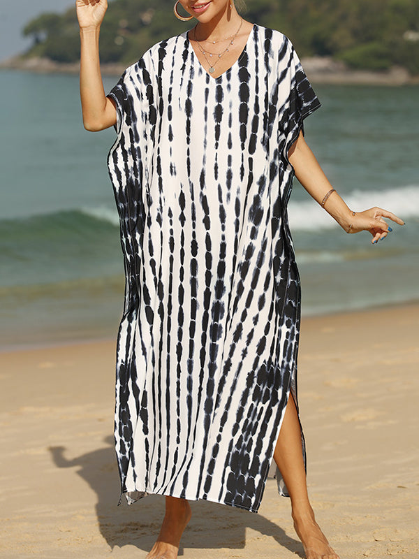 Loose Short Sleeves Printed Split-Side Sun Protection V-Neck Maxi Dresses