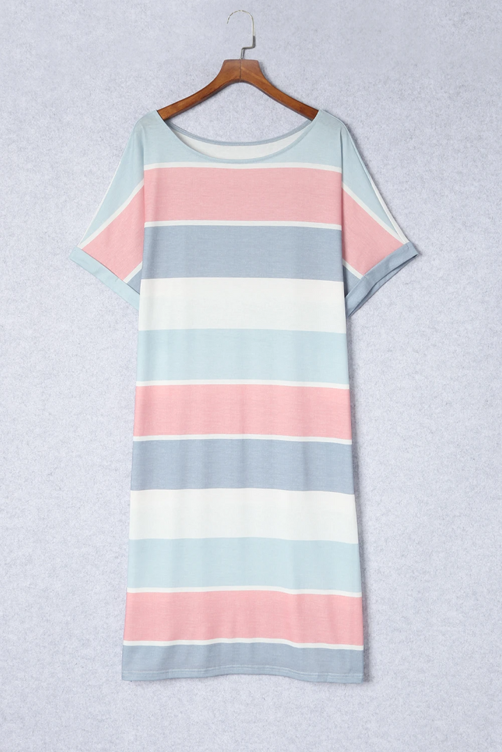 Multicolor Striped Color Block Loose Fit Half Sleeve Maxi Dress