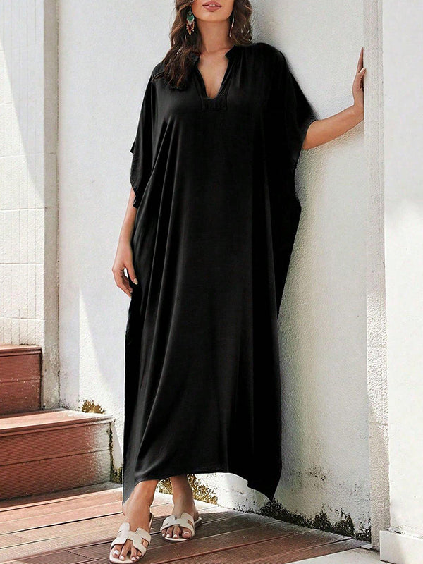 Batwing Sleeves Half Sleeves Solid Color Split-Side Sun Protection V-Neck Beach Cover-Up Maxi Dresses