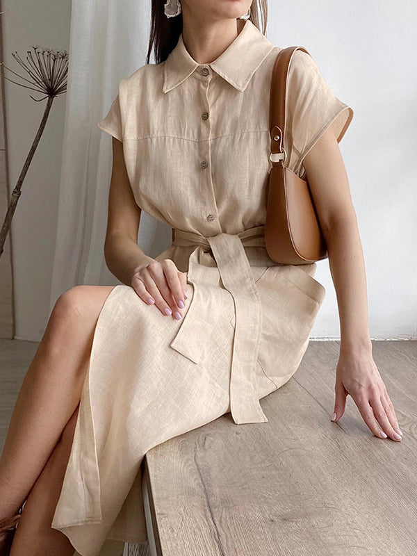 Loose Raglan Sleeve See-Through Split-Joint Tied Waist Lapel Midi Dresses Shirt Dress