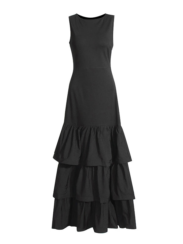 Bodycon High Waisted Layered Pleated Solid Color Split-Joint Zipper Round-Neck Maxi Dresses