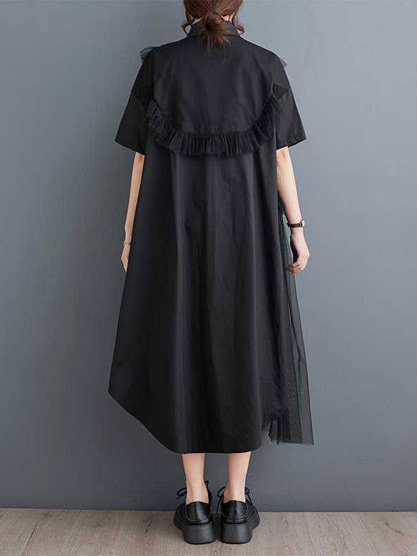 A-Line Half Sleeves Asymmetric Buttoned Ruffled Solid Color Split-Joint Lapel Midi Dresses Shirt Dress