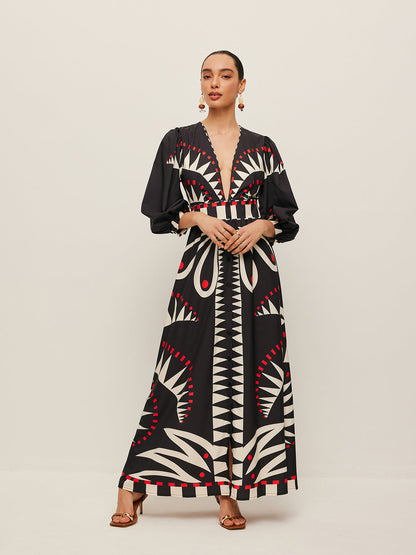 Boho Print V-Neck Split Dress