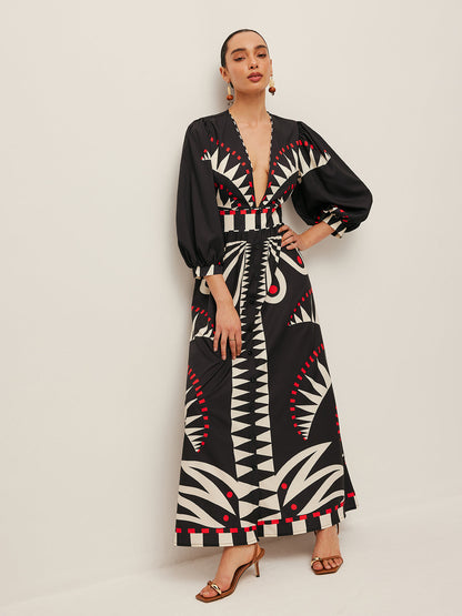 Boho Print V-Neck Split Dress