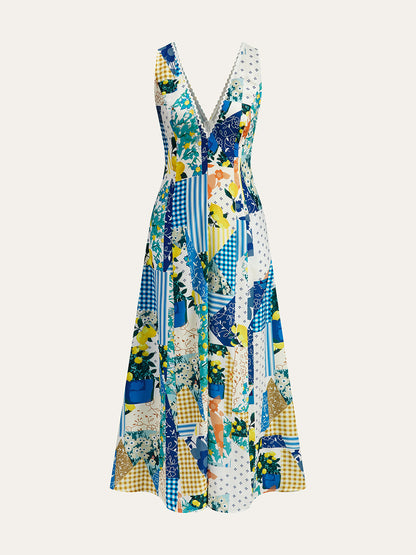 Lemonade Print Lace Trim Long Dress