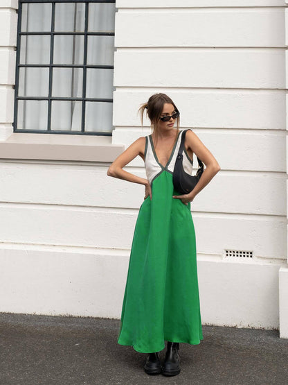 Satin Contrast Trim Long Dress