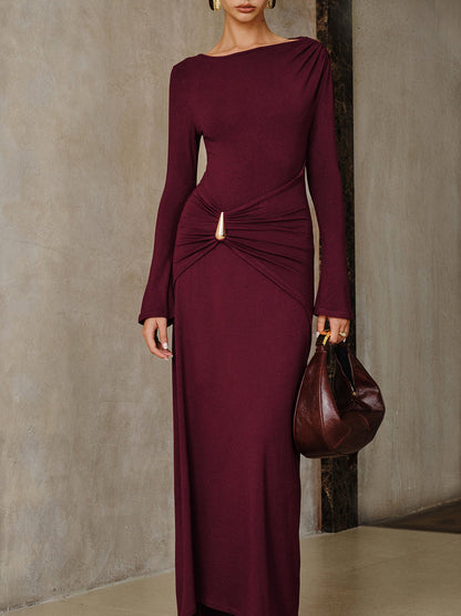Metal Buckle Long Sleeve Ruched Maxi Dress