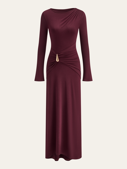Metal Buckle Long Sleeve Ruched Maxi Dress