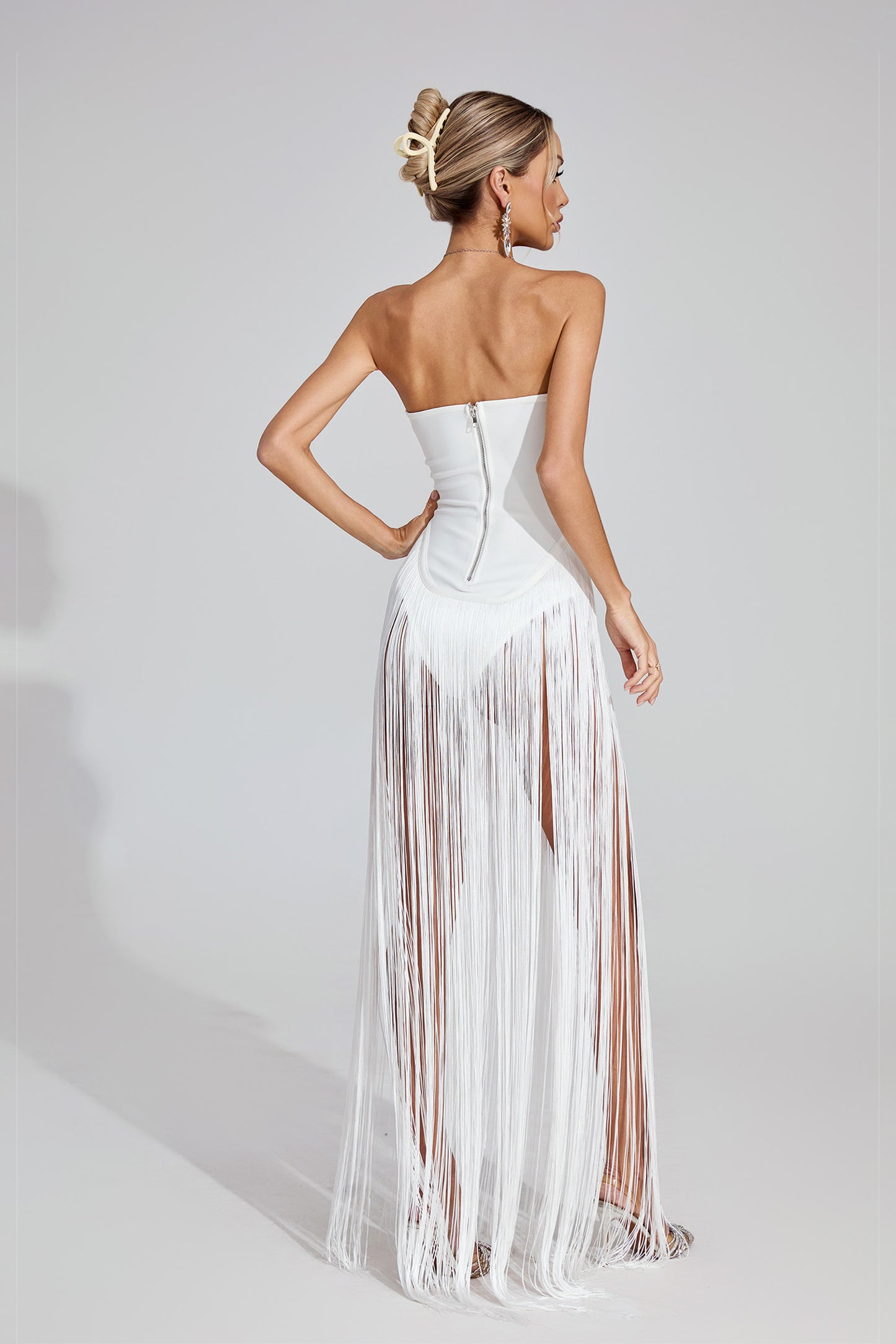 Briare White Fringe Strapless Maxi Dress