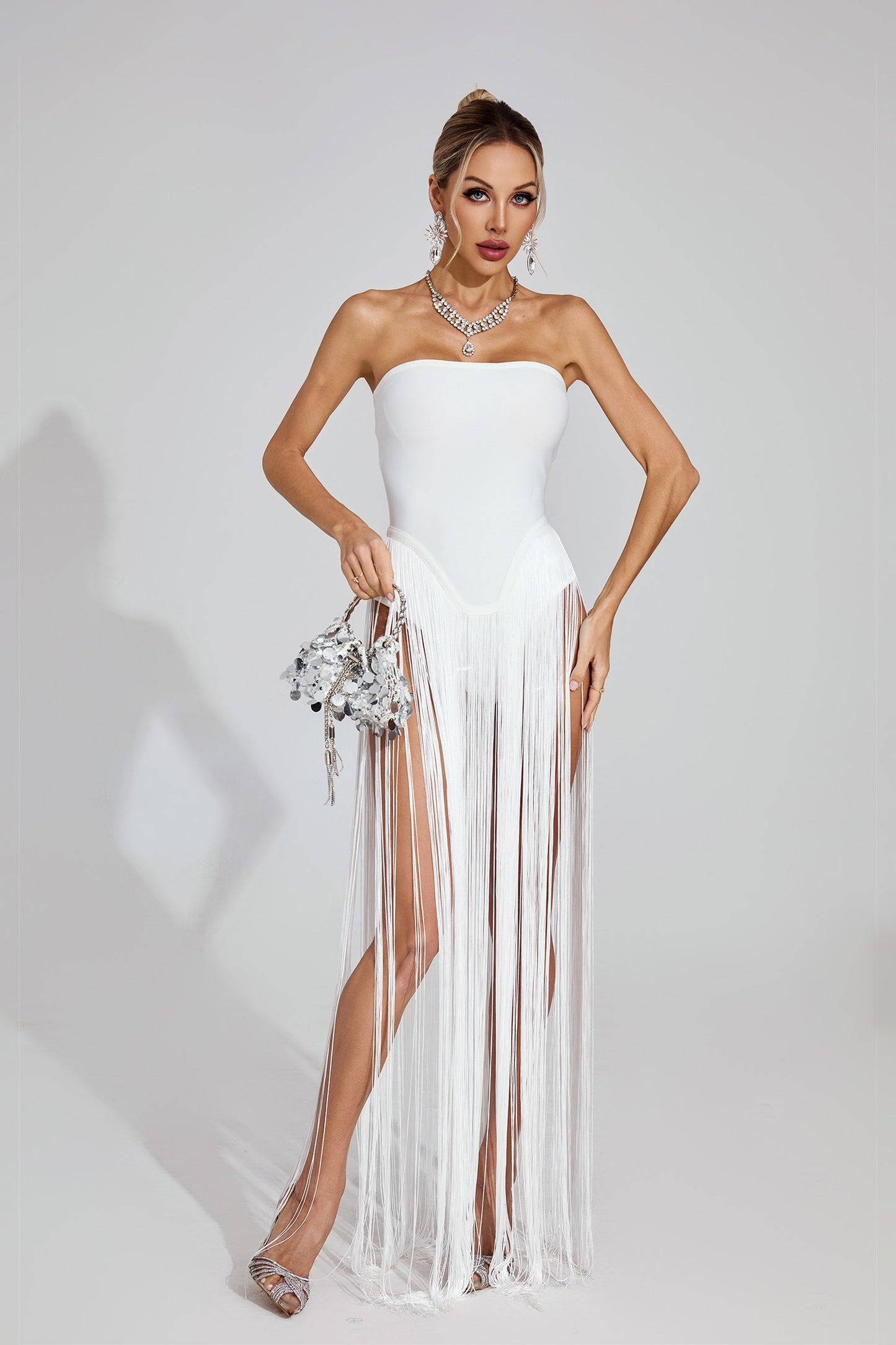 Briare White Fringe Strapless Maxi Dress