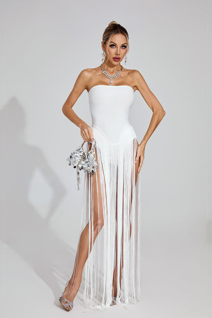 Briare White Fringe Strapless Maxi Dress