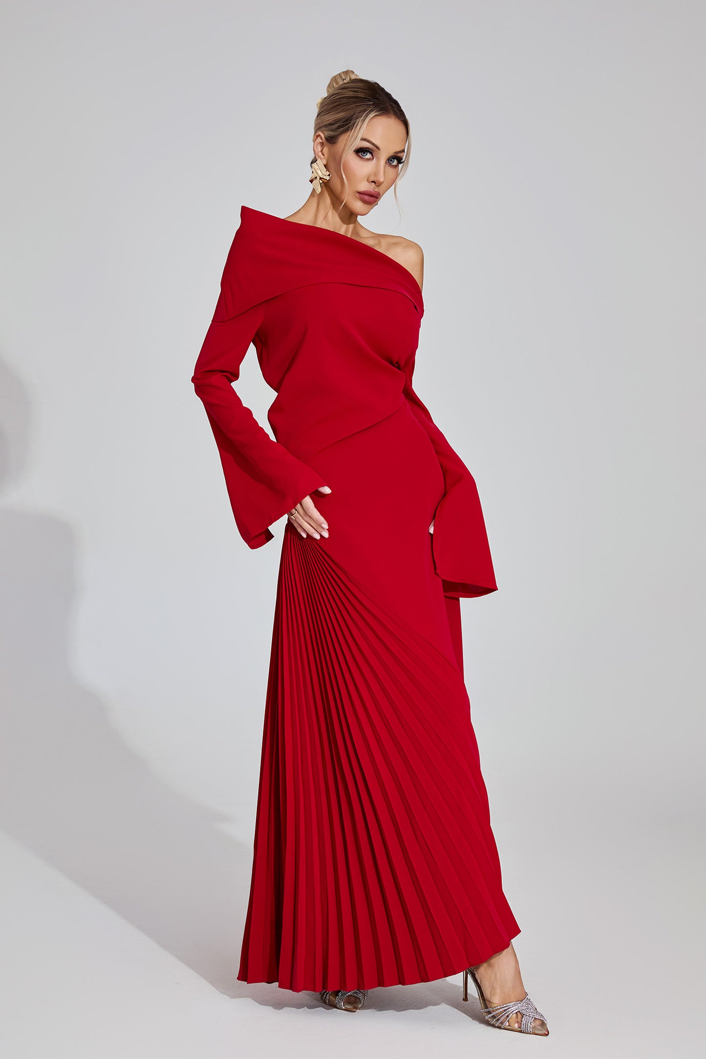 Celeste Red Asymmetric Maxi Dress