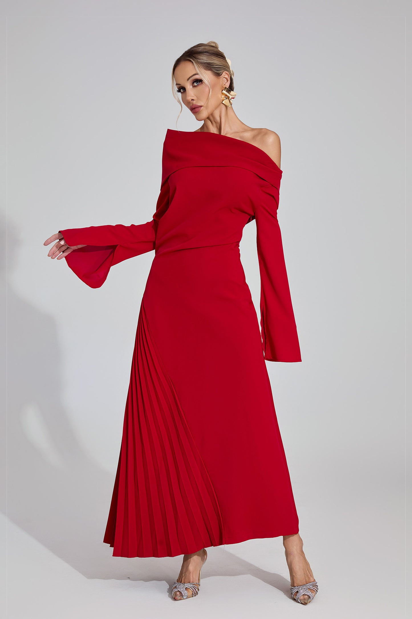 Celeste Red Asymmetric Maxi Dress