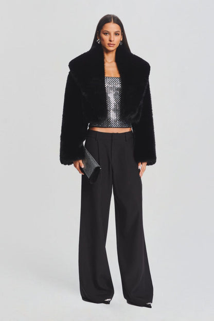 Maud Cropped Shawl Collar Faux Fur Jacket