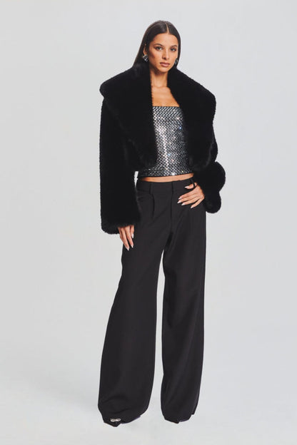 Maud Cropped Shawl Collar Faux Fur Jacket