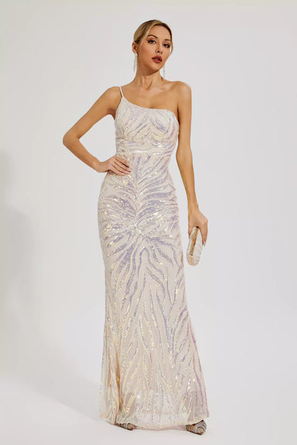 Elia Apricot Sequins One-shoulder Dress