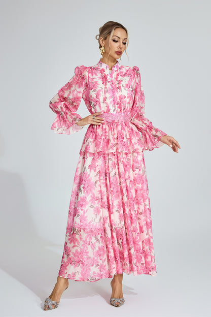 Gale Pink Floral Chiffon Maxi Dress