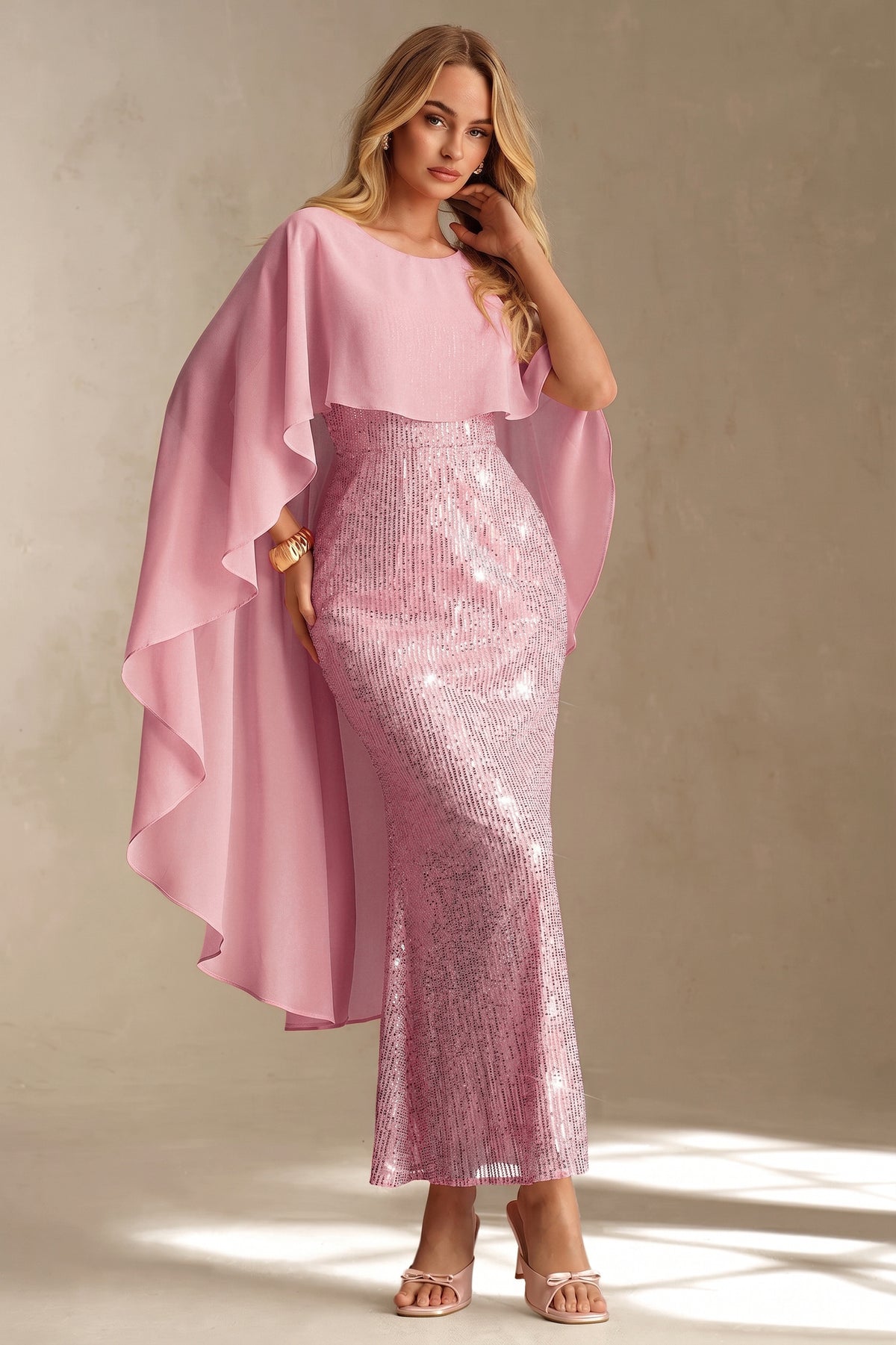 Sequin Splicing Chiffon Cape Sleeve Midi Dress
