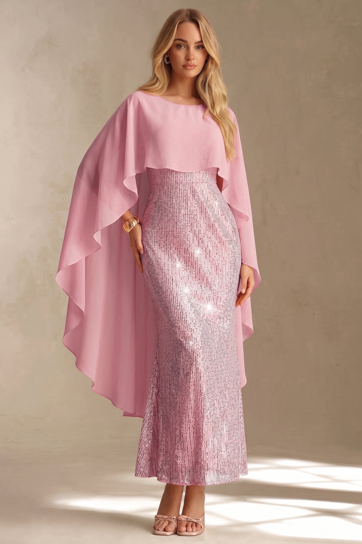 Sequin Splicing Chiffon Cape Sleeve Midi Dress