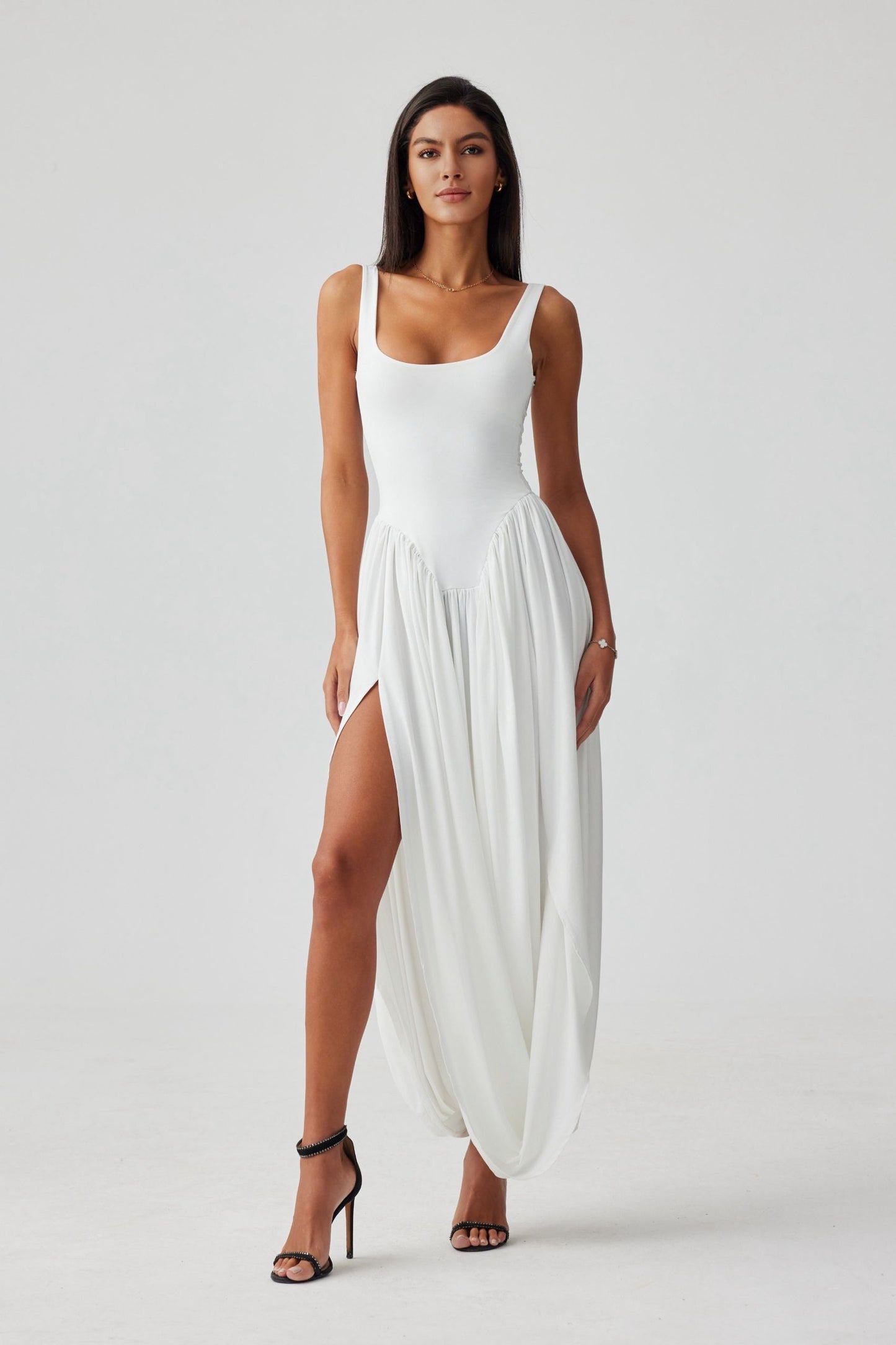 Aurora Scoop Neck Asymmetrical Hem Maxi Dress