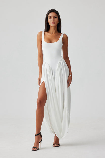 Aurora Scoop Neck Asymmetrical Hem Maxi Dress