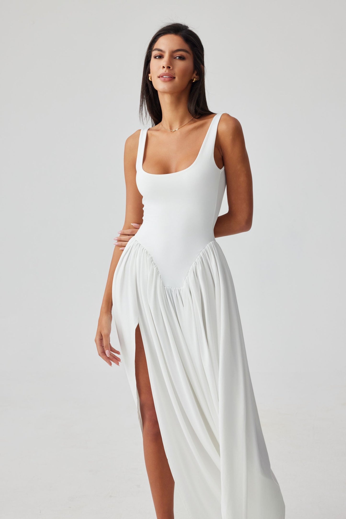 Aurora Scoop Neck Asymmetrical Hem Maxi Dress