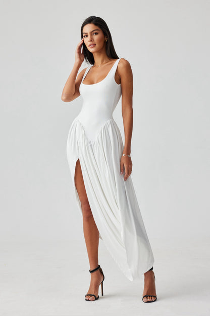 Aurora Scoop Neck Asymmetrical Hem Maxi Dress