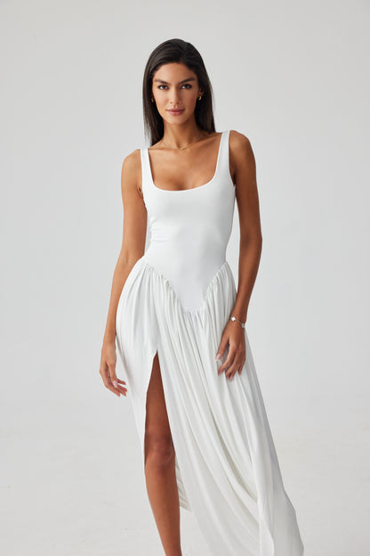 Aurora Scoop Neck Asymmetrical Hem Maxi Dress