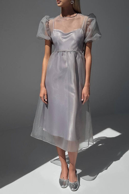 Claire Sheer Organza Puff Sleeve Midi Dress